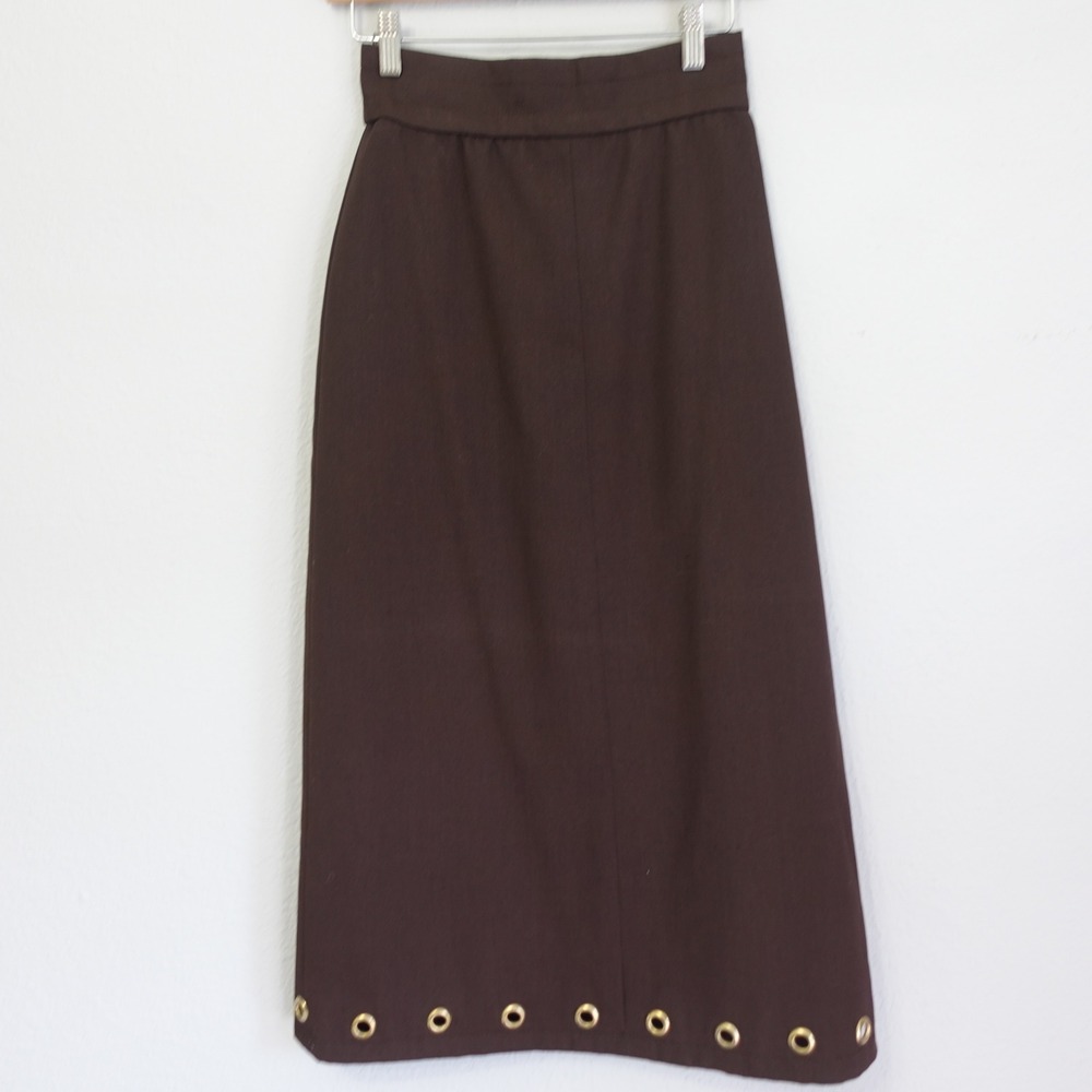 Vintage 70s Handmade Midi Skirt XS Dark Chocolate Brown Gold Grommet Hippie Boho